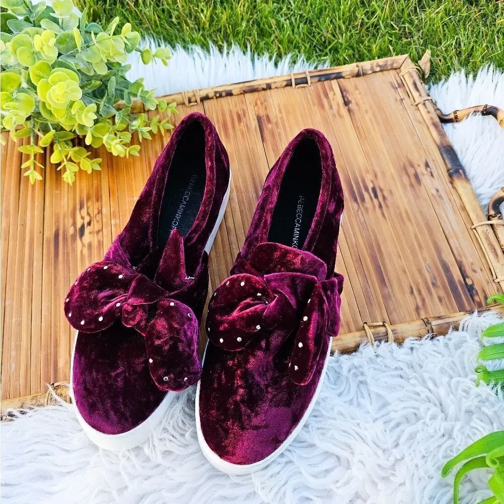 Rebecca Minkoff Stacey Studded Burgandy Velvet Slip On Sneakers.